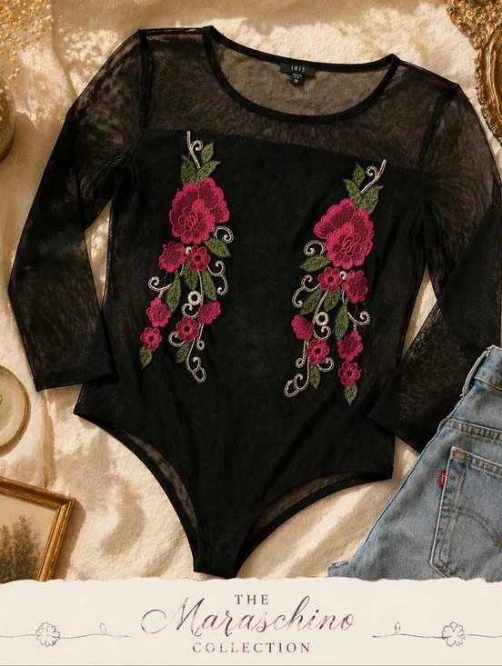 Iris Women's 3XL Juniors Long Sleeve Black Mesh Bodysuit Red Rose Embroidery - Picture 12 of 13